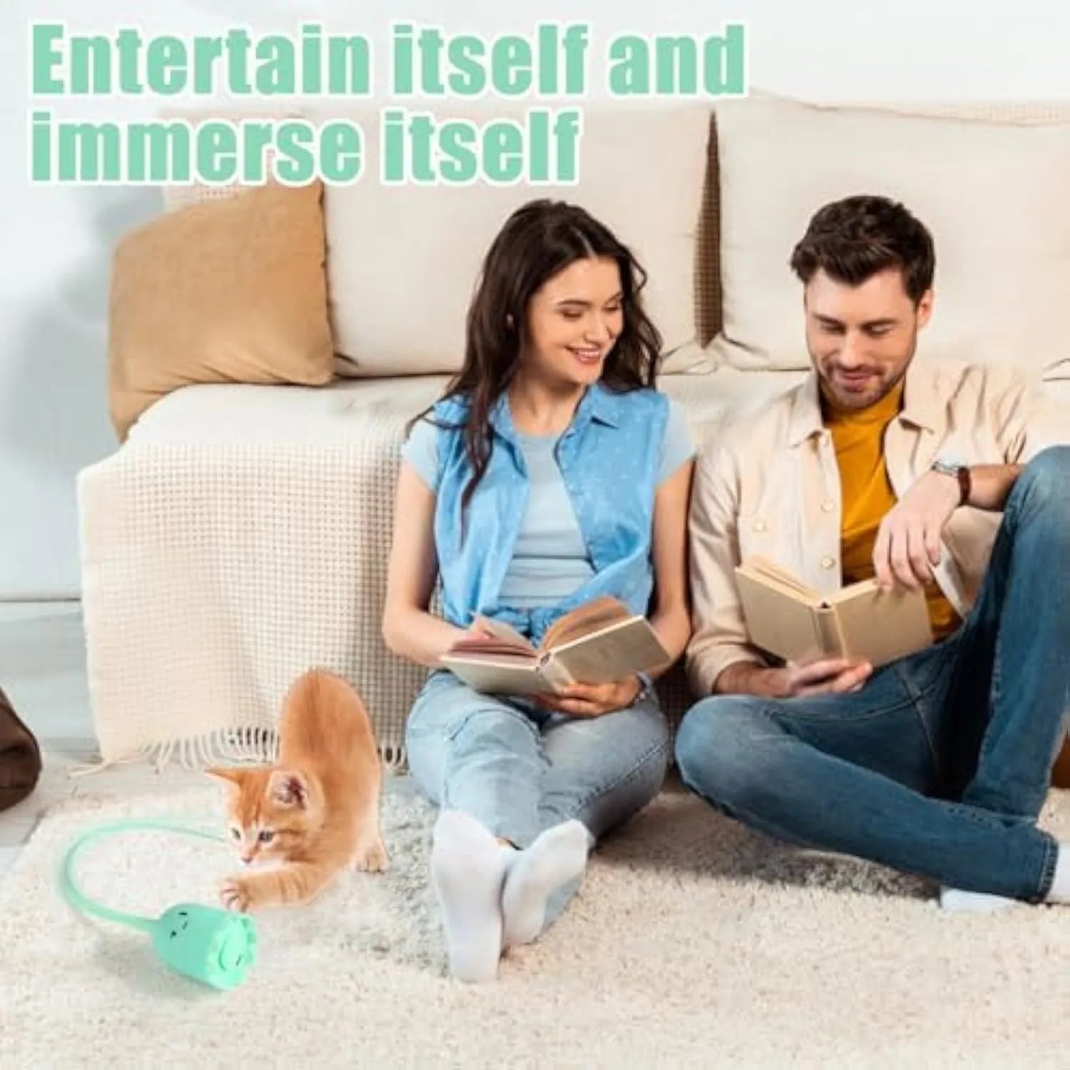 Green automatic cat wand toy with swinging silicone tails on wooden floor