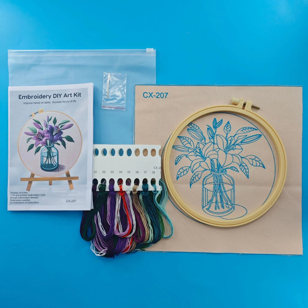 Purple lily flower embroidery kit on 28x28cm cotton linen cloth with 20cm imitation bamboo frame stand