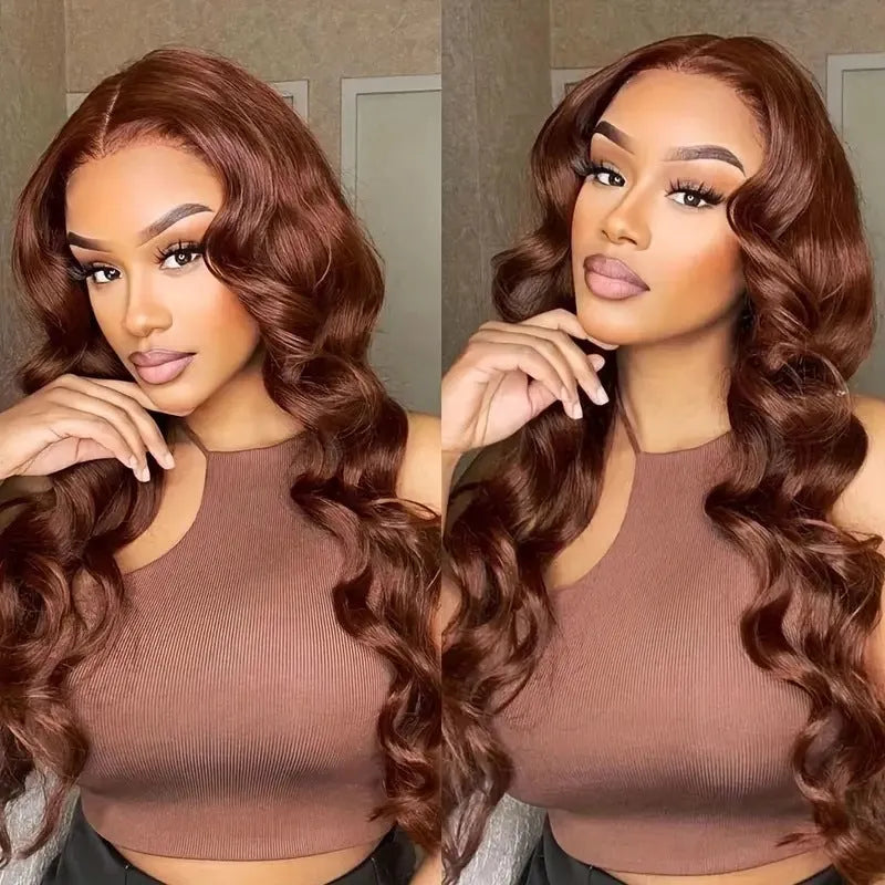 Women's dark brown long curly front lace wig with side bangs on a mannequin head.