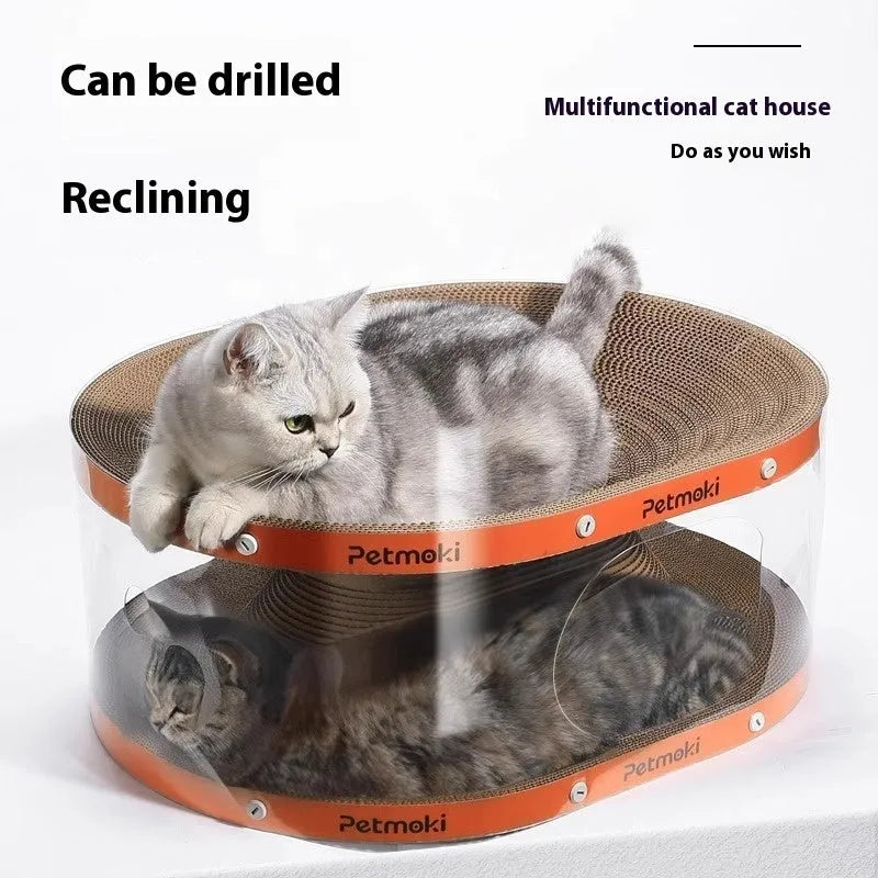 White transparent cat scratch board and nest tunnel toy made from PVC and corrugated board