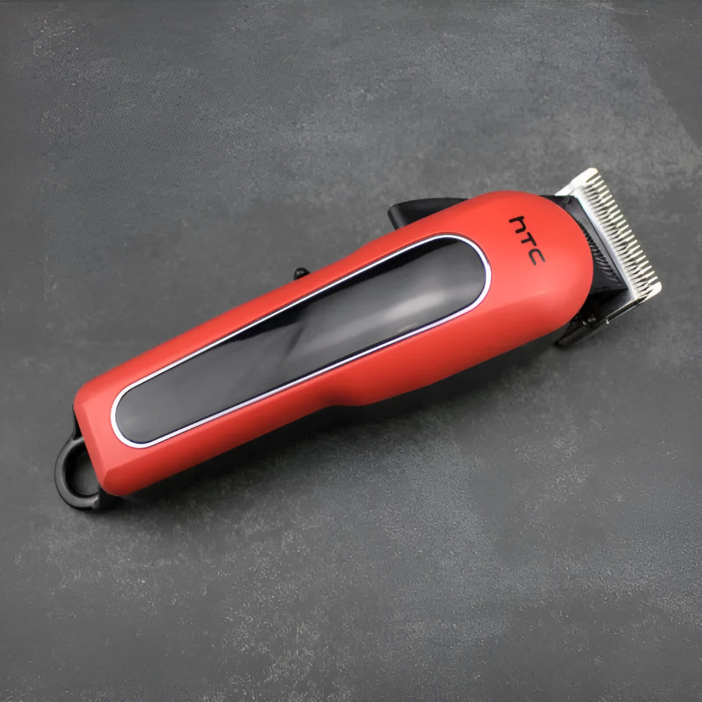 Professional digital electric hair clipper with four limiting combs, available in black, red, and white colours.