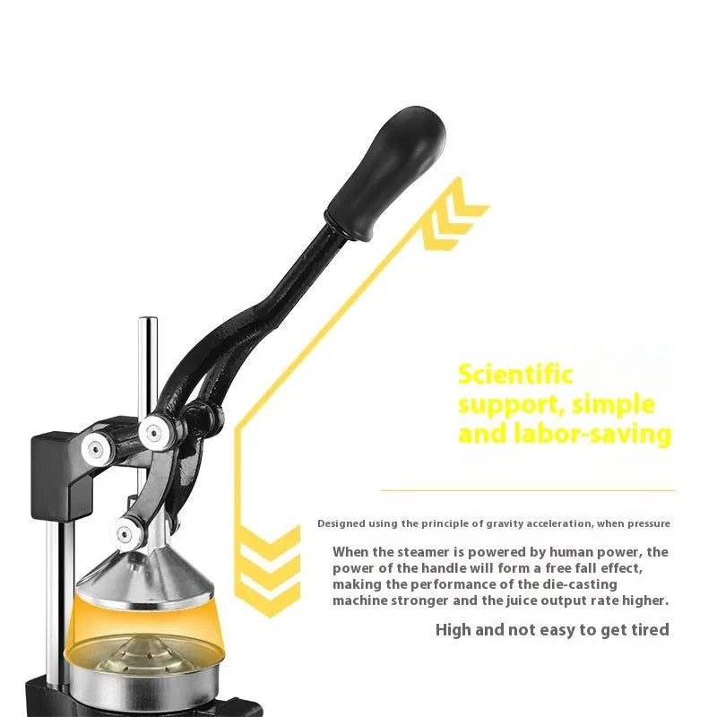 Black or white cast iron manual citrus juicer with stainless steel funnel on a kitchen counter.