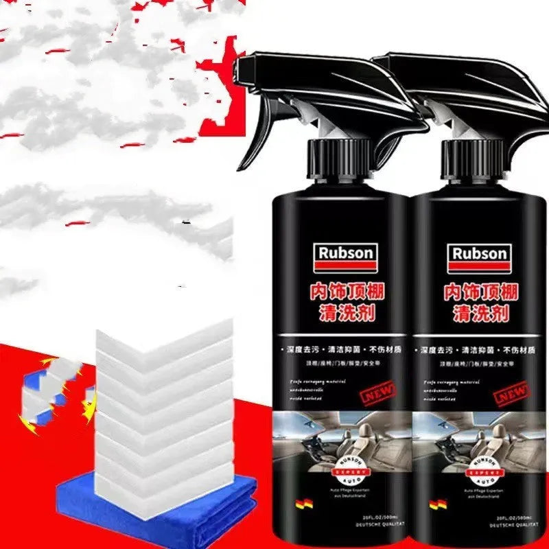 Bottle of foam decontamination cleaner for fabric roofs with a towel and sponge wipes.