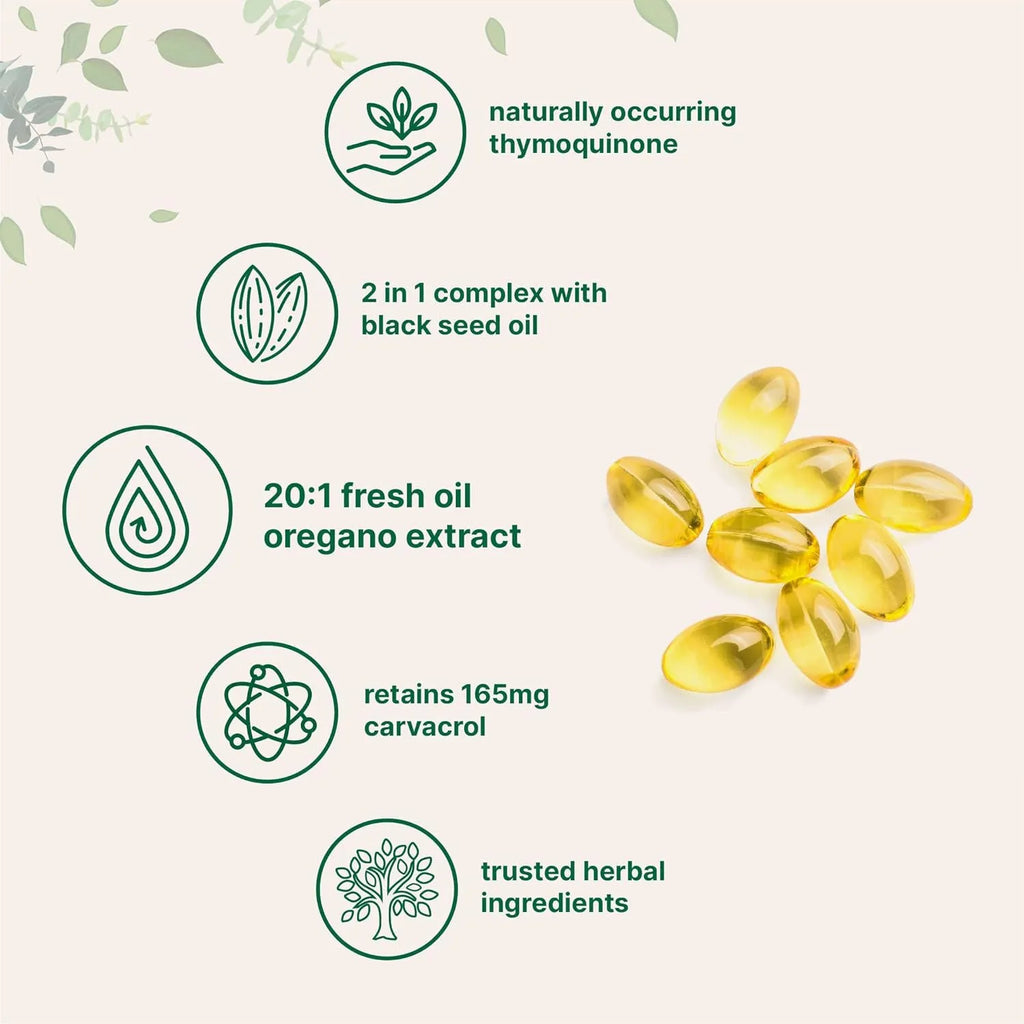 Butter-flavoured black seed oil softgel capsules bottle, 180 or 300 count options.