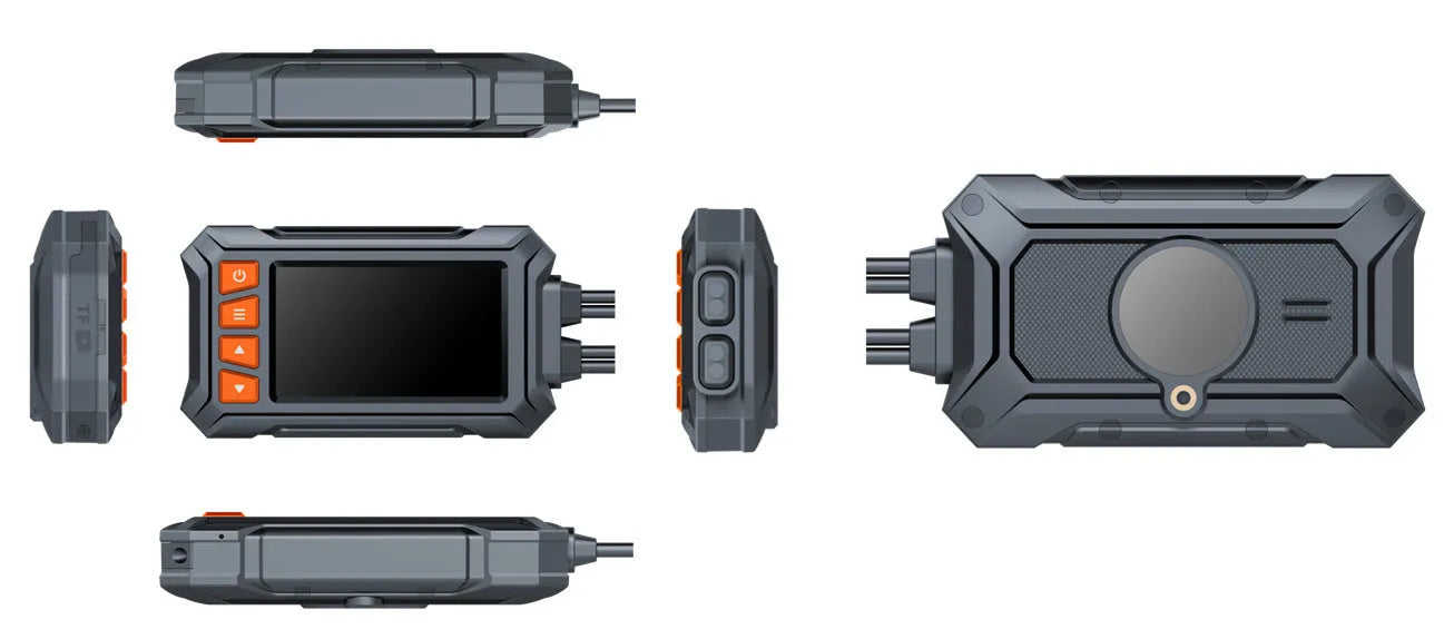 Motorcycle dash camera with dual lenses, 3-inch screen, GPS module, and waterproof housing for front and rear recording