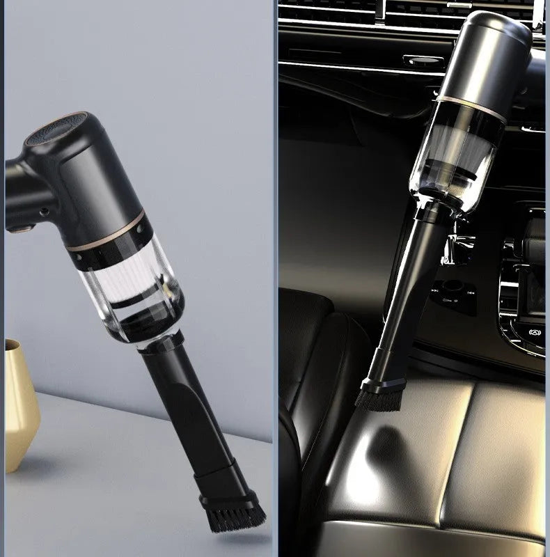 Black wireless car vacuum cleaner with multiple nozzle attachments including brush heads and suction tools