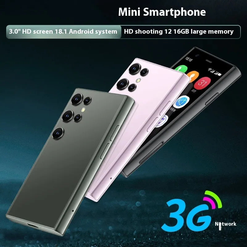Mini Android smartphone with 30 screen in black, green, or pink purple colours