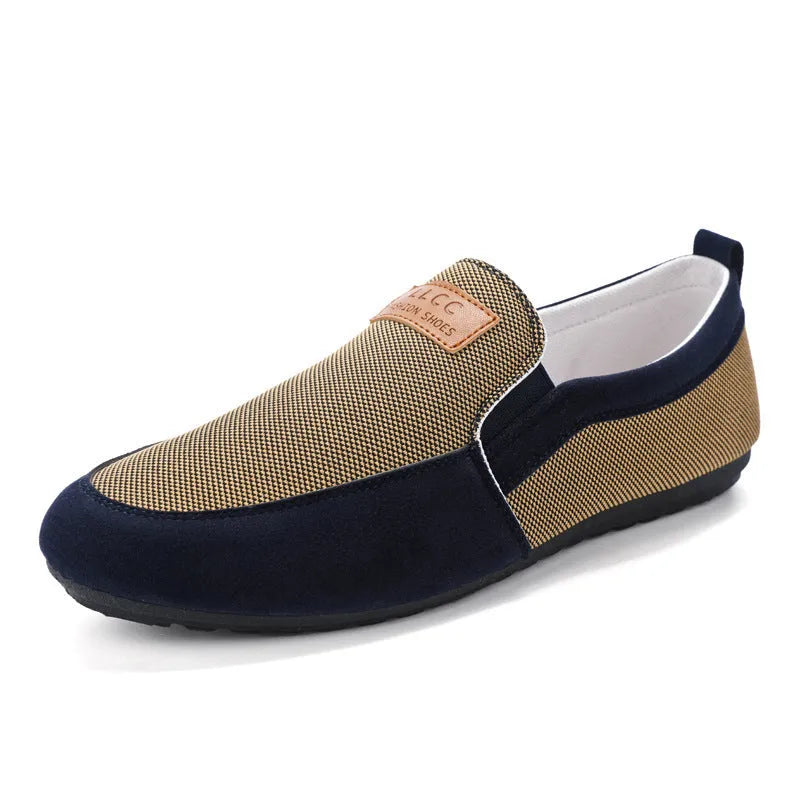 Men's grey and khaki canvas casual shoes with round toe and stitching detail.