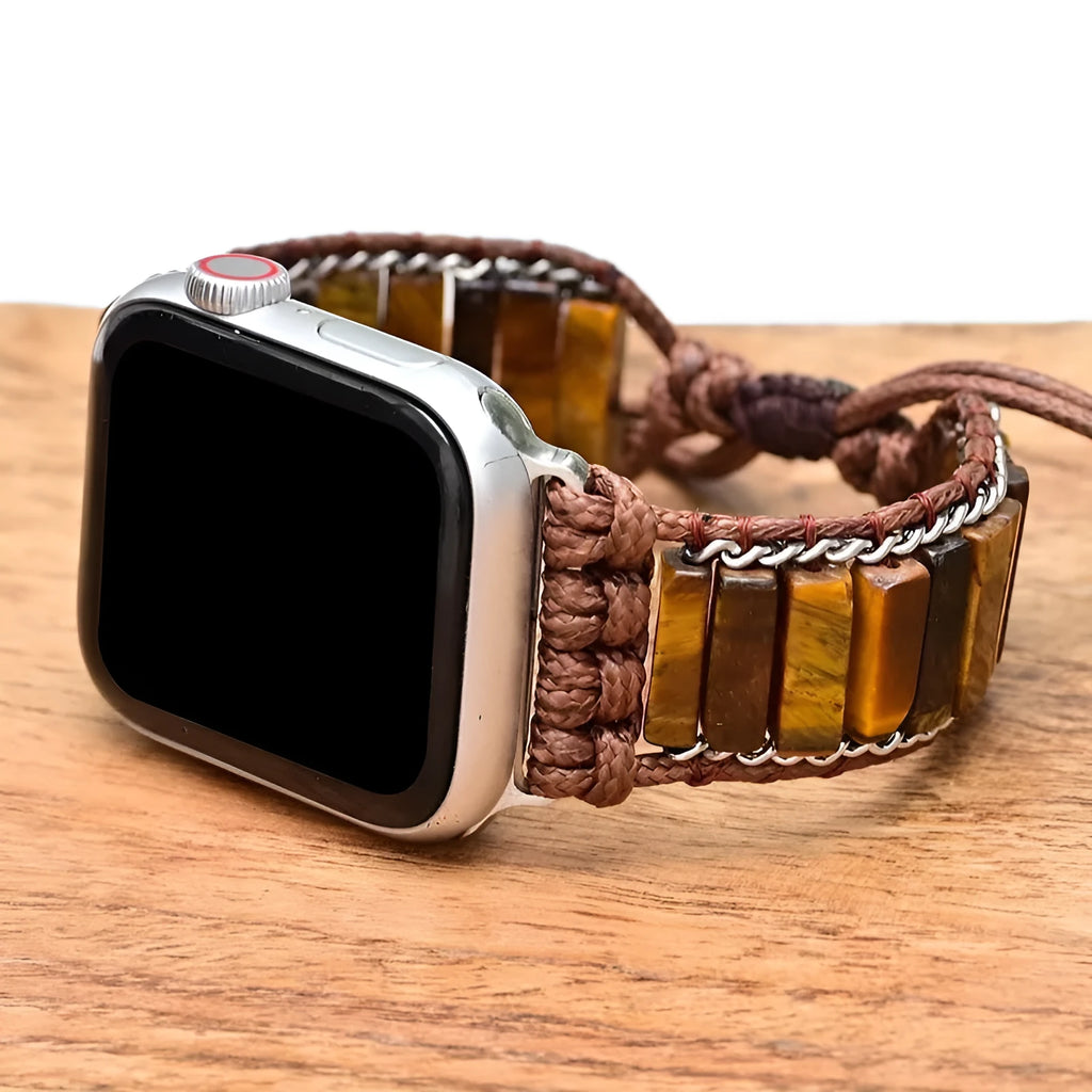 Rectangular tiger eye stone chain on an adjustable textile men's watch strap bracelet