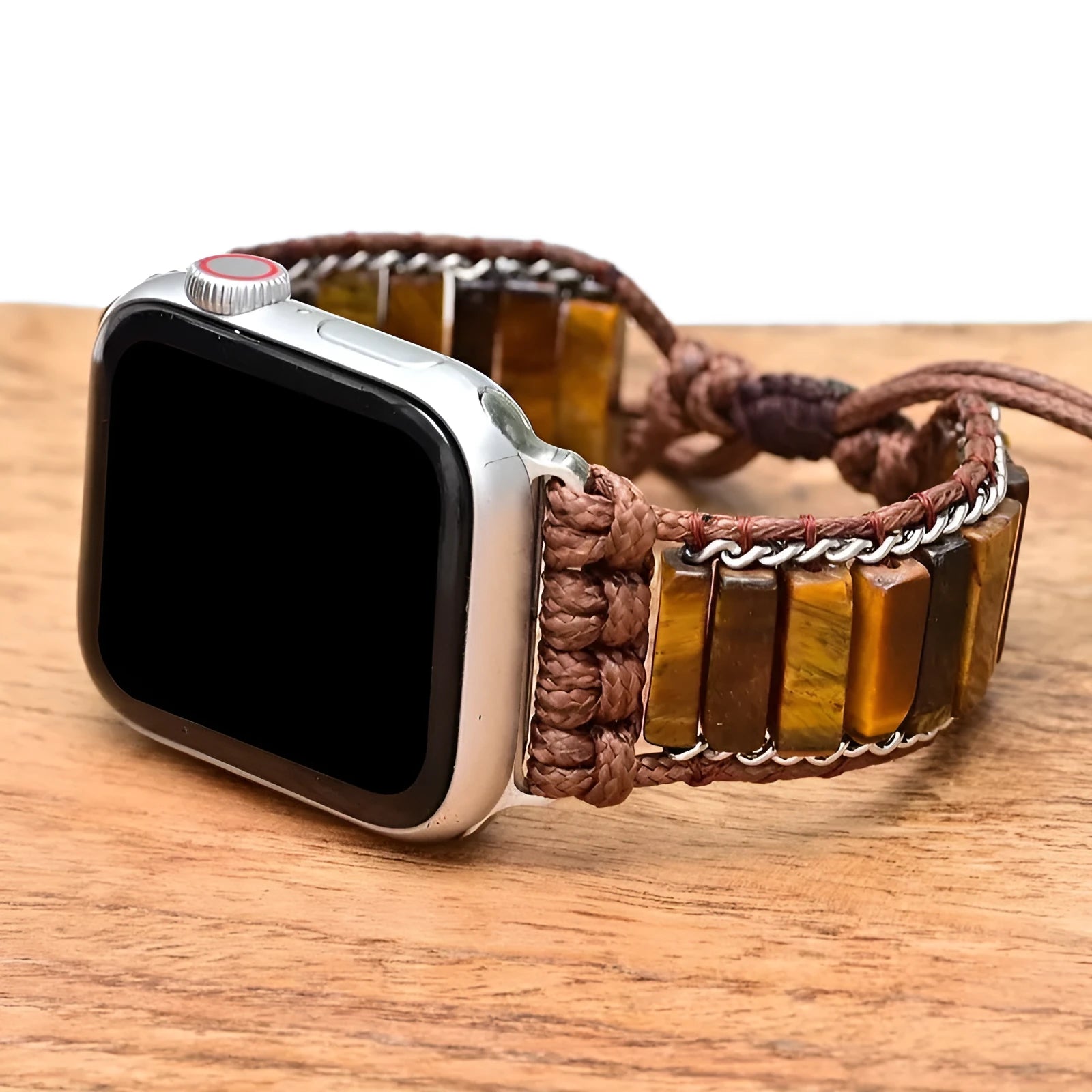 Rectangular tiger eye stone chain on an adjustable textile men's watch strap bracelet