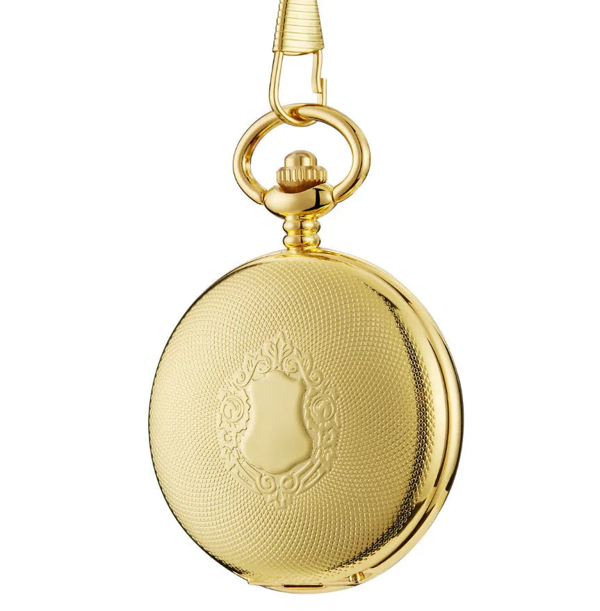 Retro mechanical pocket watch with hollow floral print dial and transparent case back in alloy case