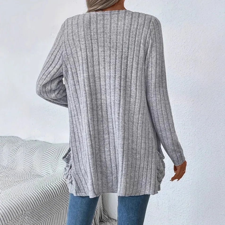 Loose fit long sleeve cardigan in solid black or granny grey colour shown on model