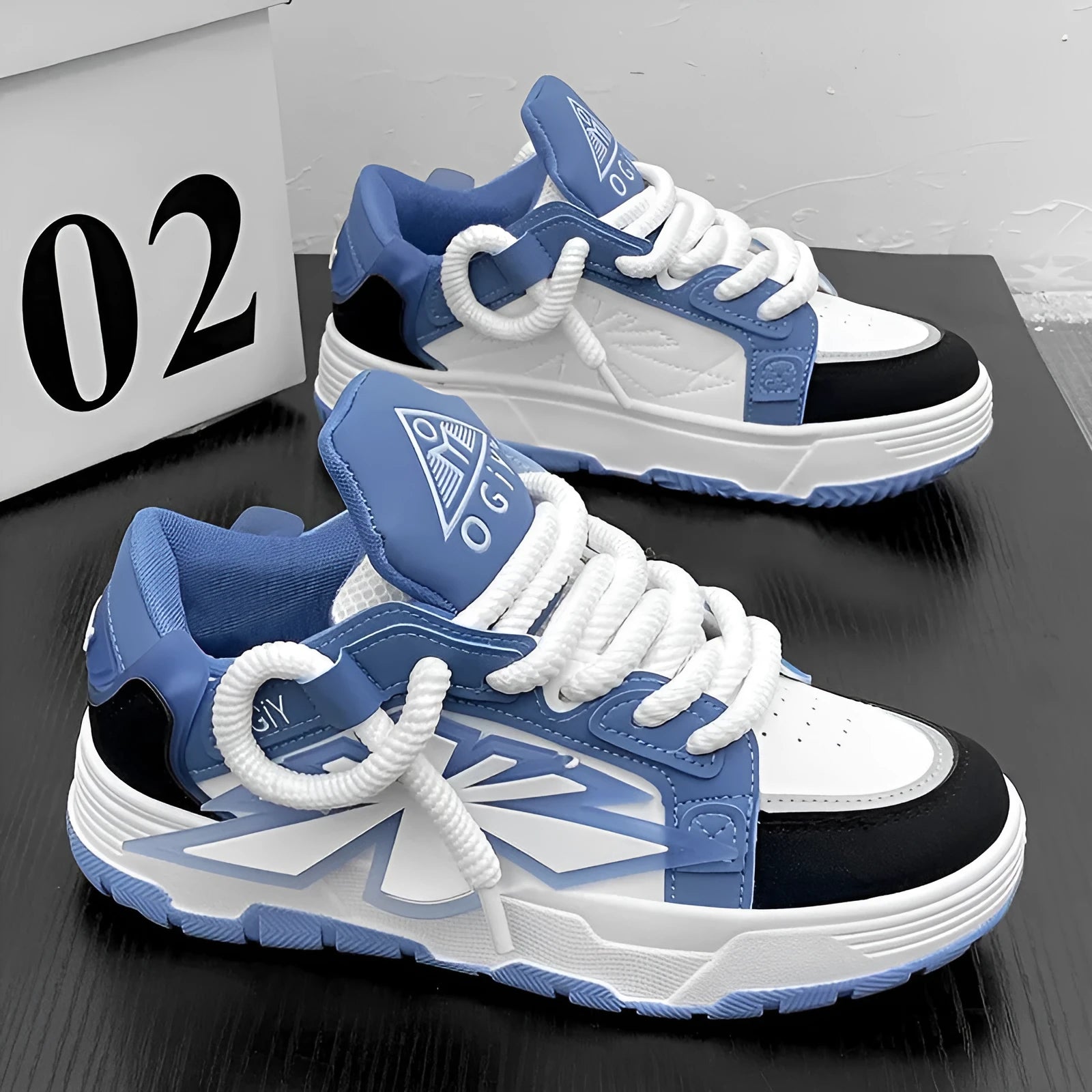 Men's white chunky sole casual sneakers with synthetic leather upper and round toe on a plain background.
