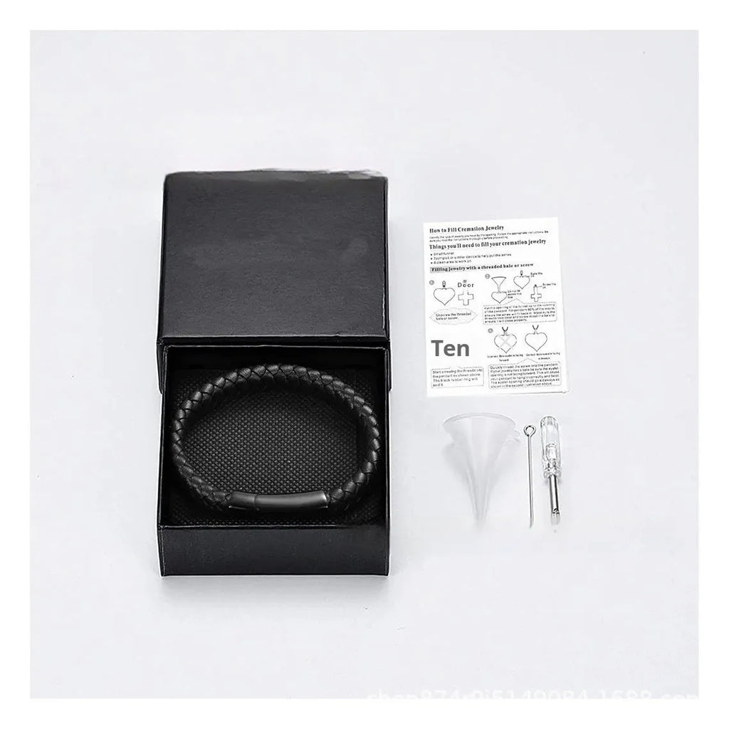 Black leather and stainless steel casket bracelet with English letter personalisation