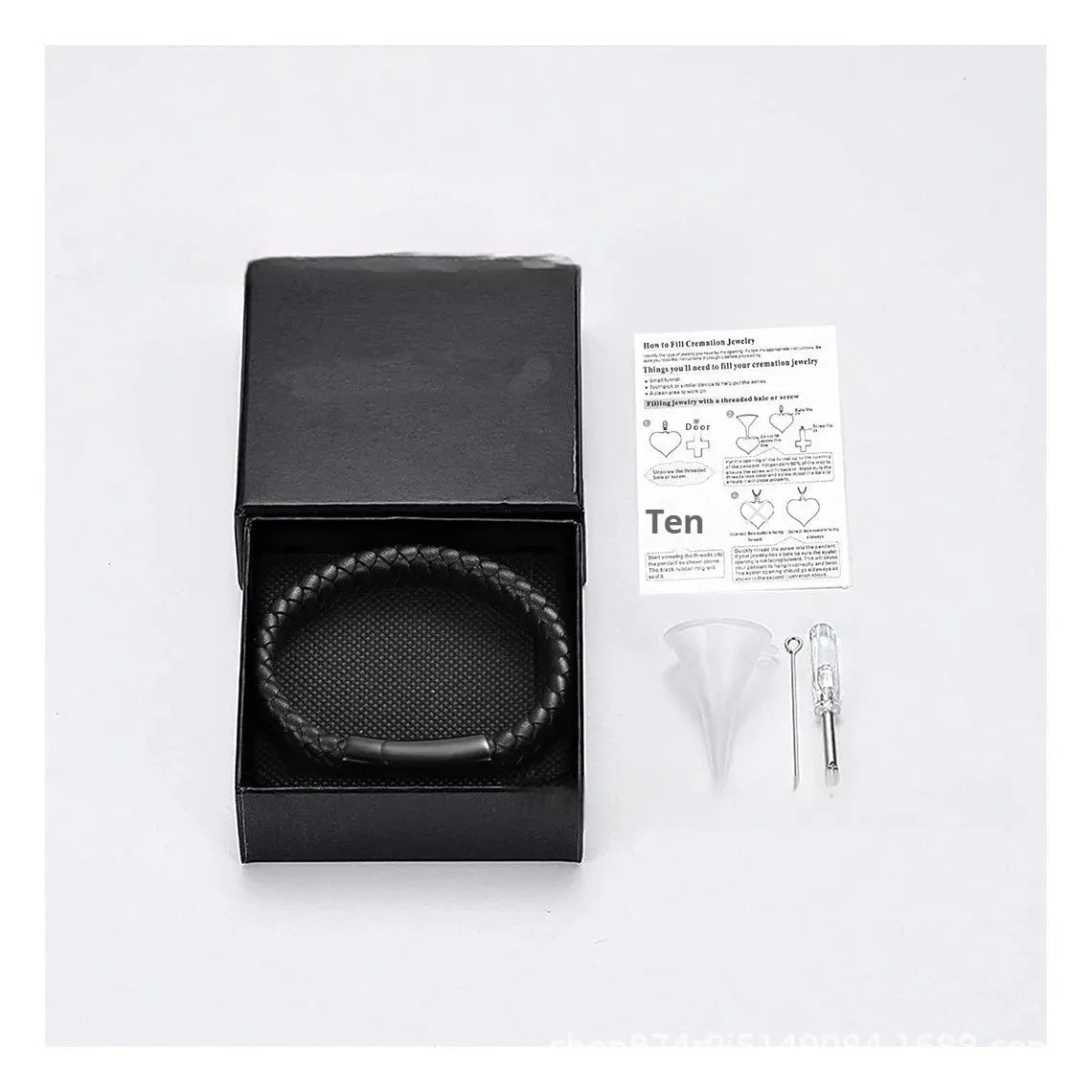Black leather and stainless steel casket bracelet with English letter personalisation