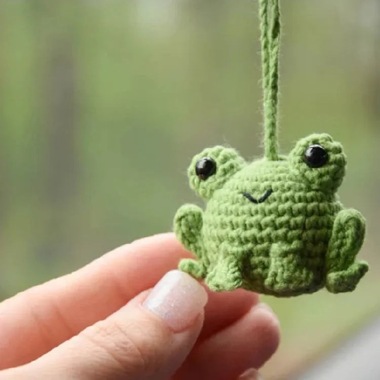 Green handmade woven plush frog car pendant hanging, showing 15cm length and cartoon style.