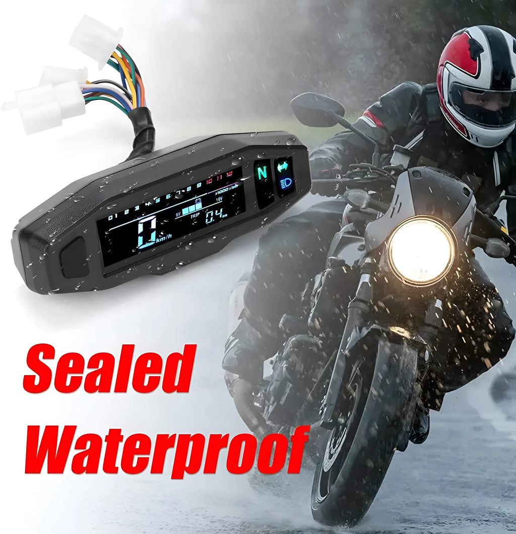 Black motorcycle mini speedometer with LCD display showing speed and oil gauge readings