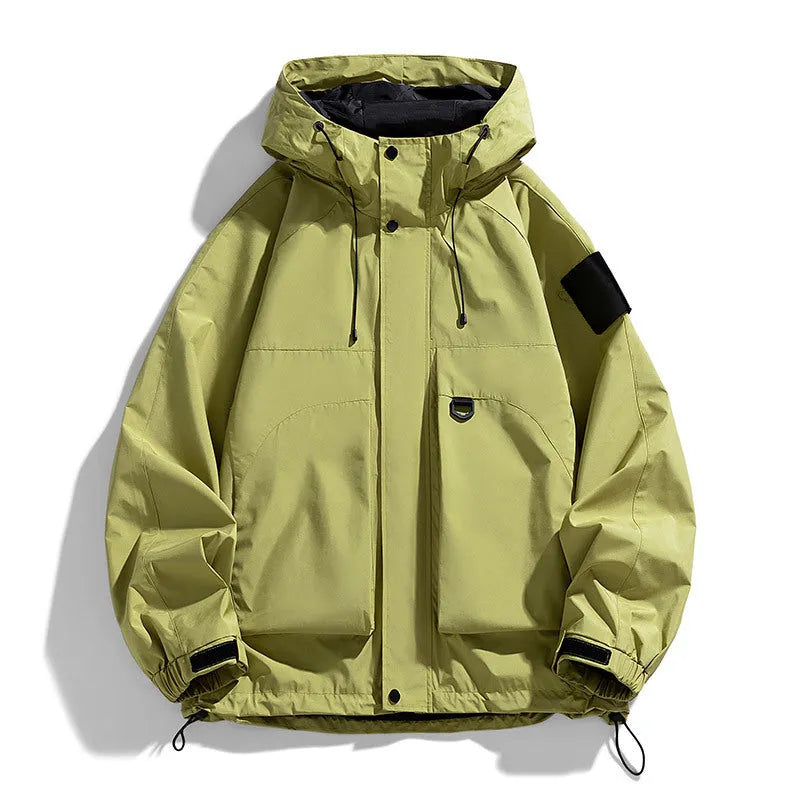 Men's waterproof windproof hooded jacket in polyester blend fabric available in black purple ginger yellow colours