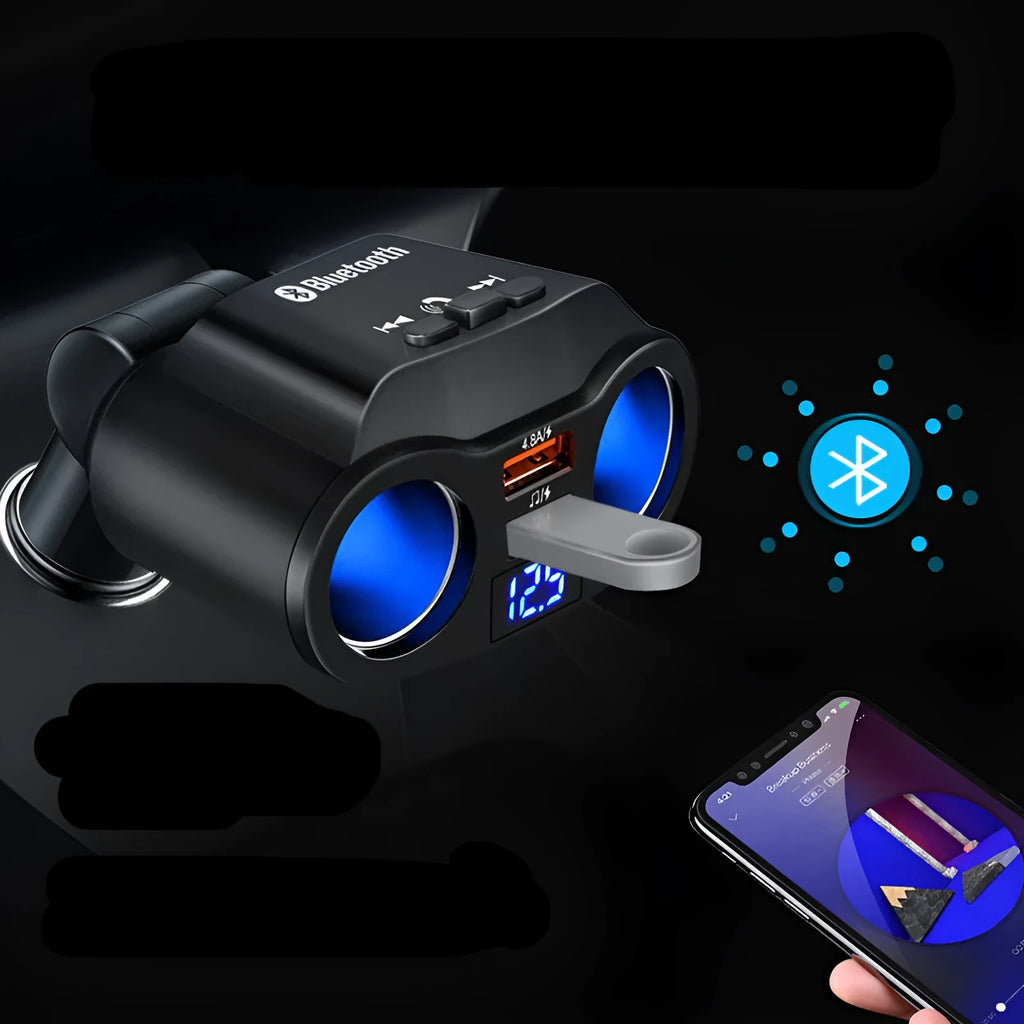 Car Bluetooth receiver and FM transmitter plugged into a cigarette lighter socket