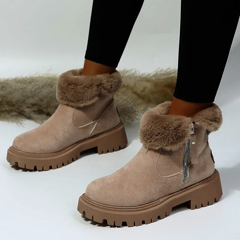 Women's thick plush snow boots with side zip, faux suede upper and non-slip rubber sole