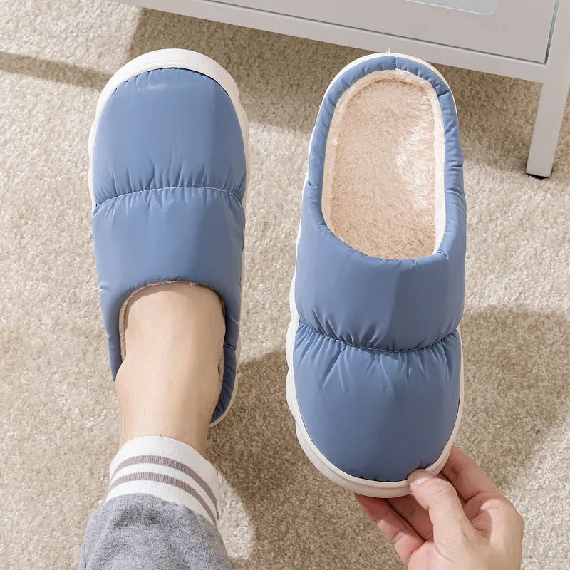 Down cotton slippers with artificial leather upper and thick rubber soles in multiple colour options