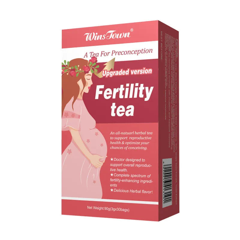 Box of fertility tea containing 3 packs with 330 herbal tea bags for preconception support