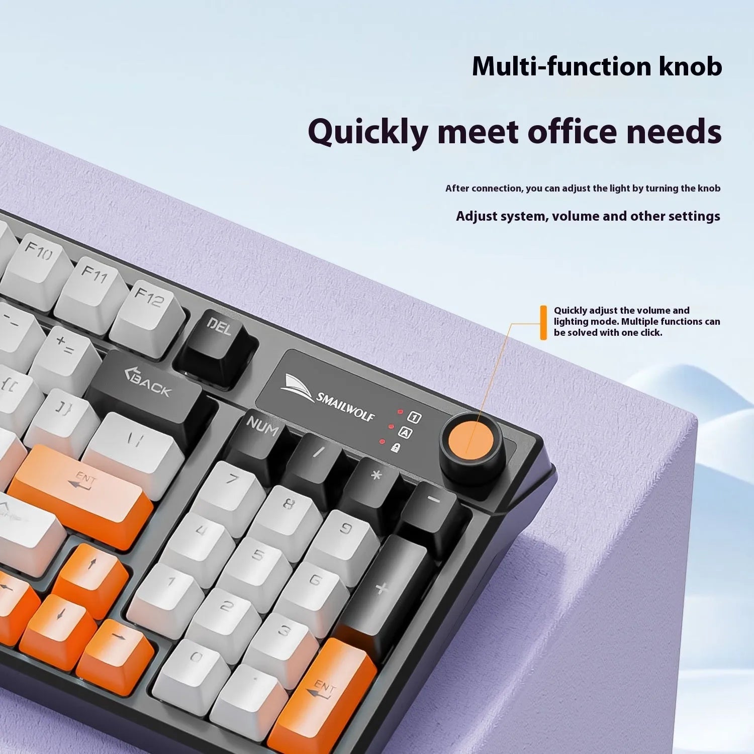 SK15 wired mechanical keyboard with control knob in Sunset Orange colour on a desk.