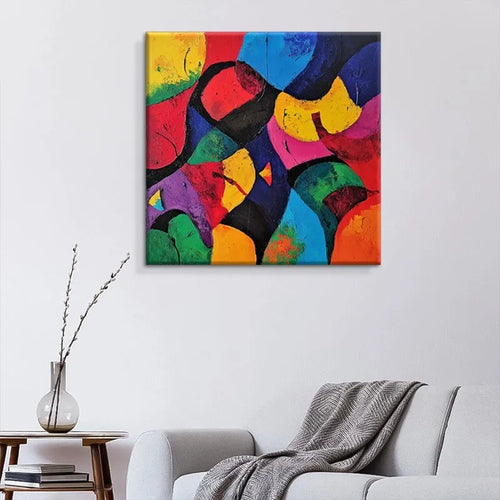 Hand-painted abstract oil painting on canvas, square unframed size 80x80cm, colourful design on white background.