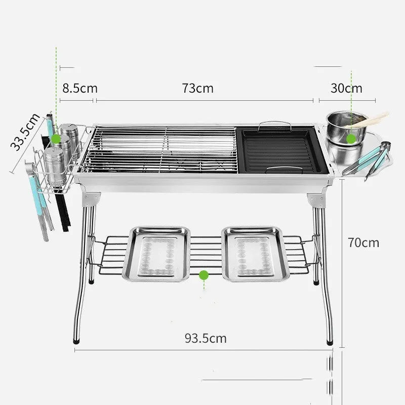 Stainless steel portable folding barbecue oven with grilling surface, shown in natural metal finish.