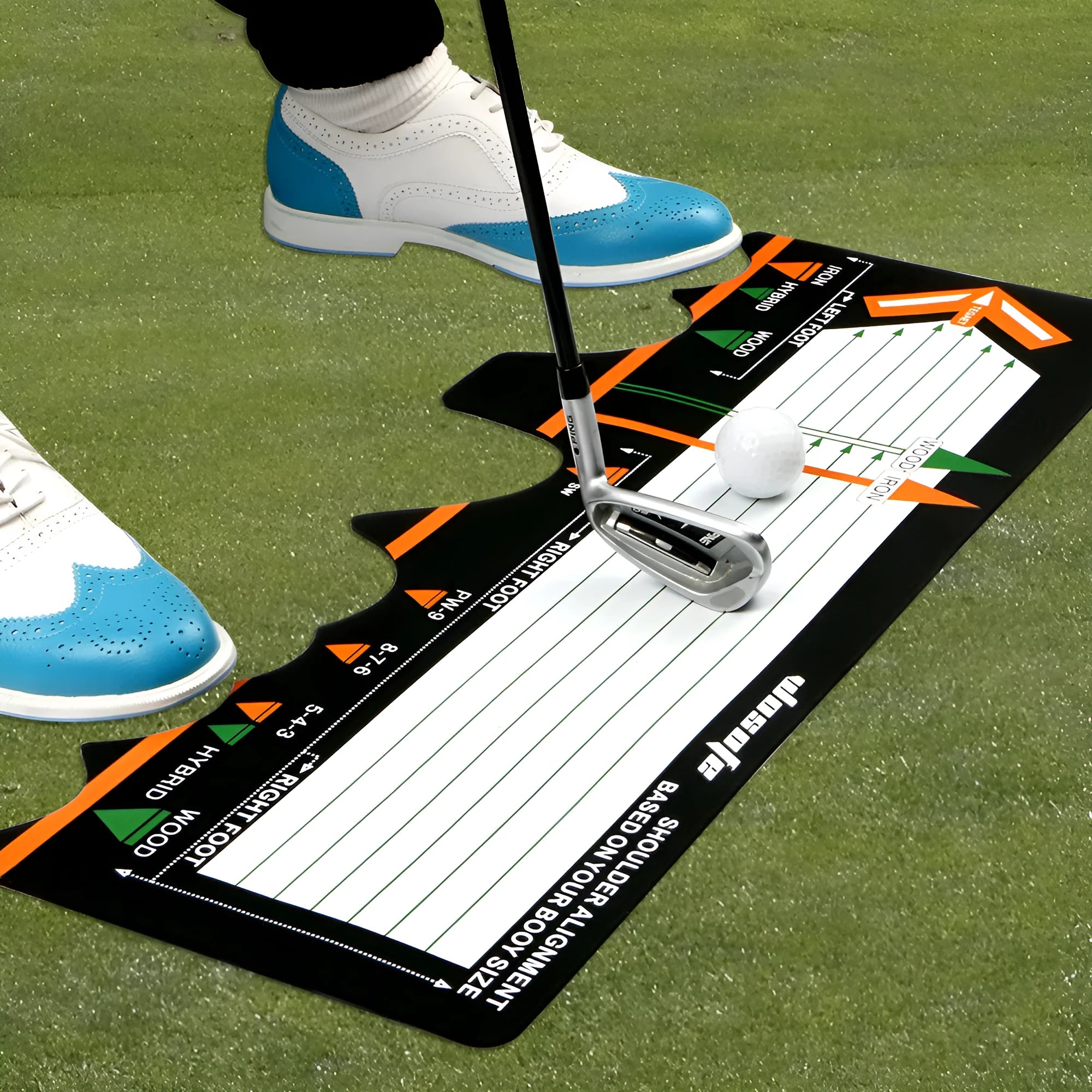Black neoprene golf swing posture training pad on a practice surface