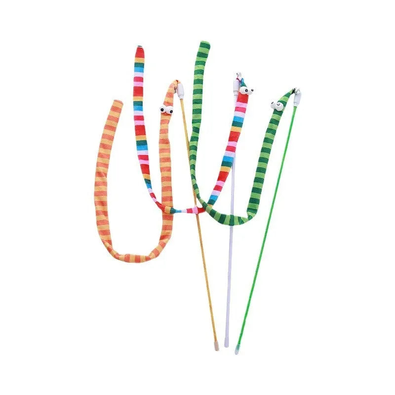 Cat teaser wand with colourful plush strip and bell on a polycarbonate pole.