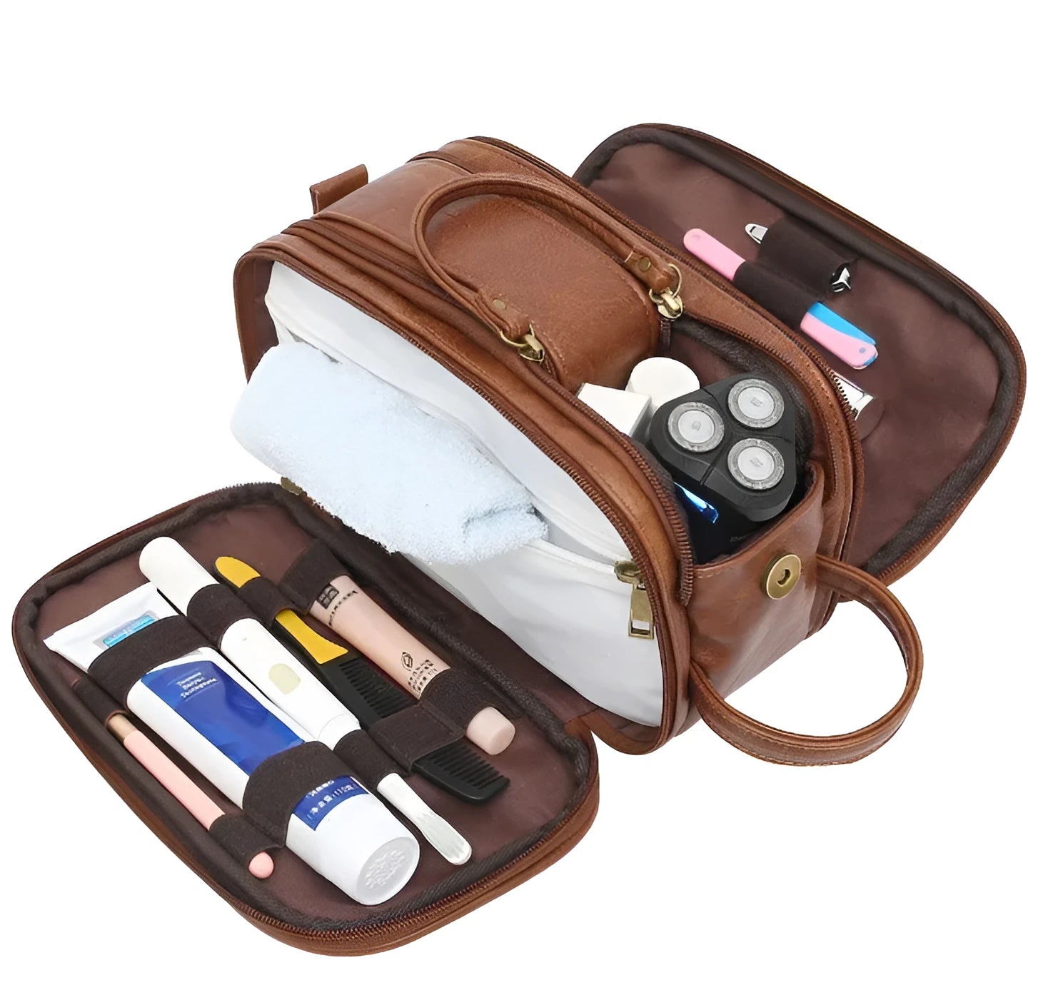 Men's black and brown solid colour PU toiletry bag with a zipped closure