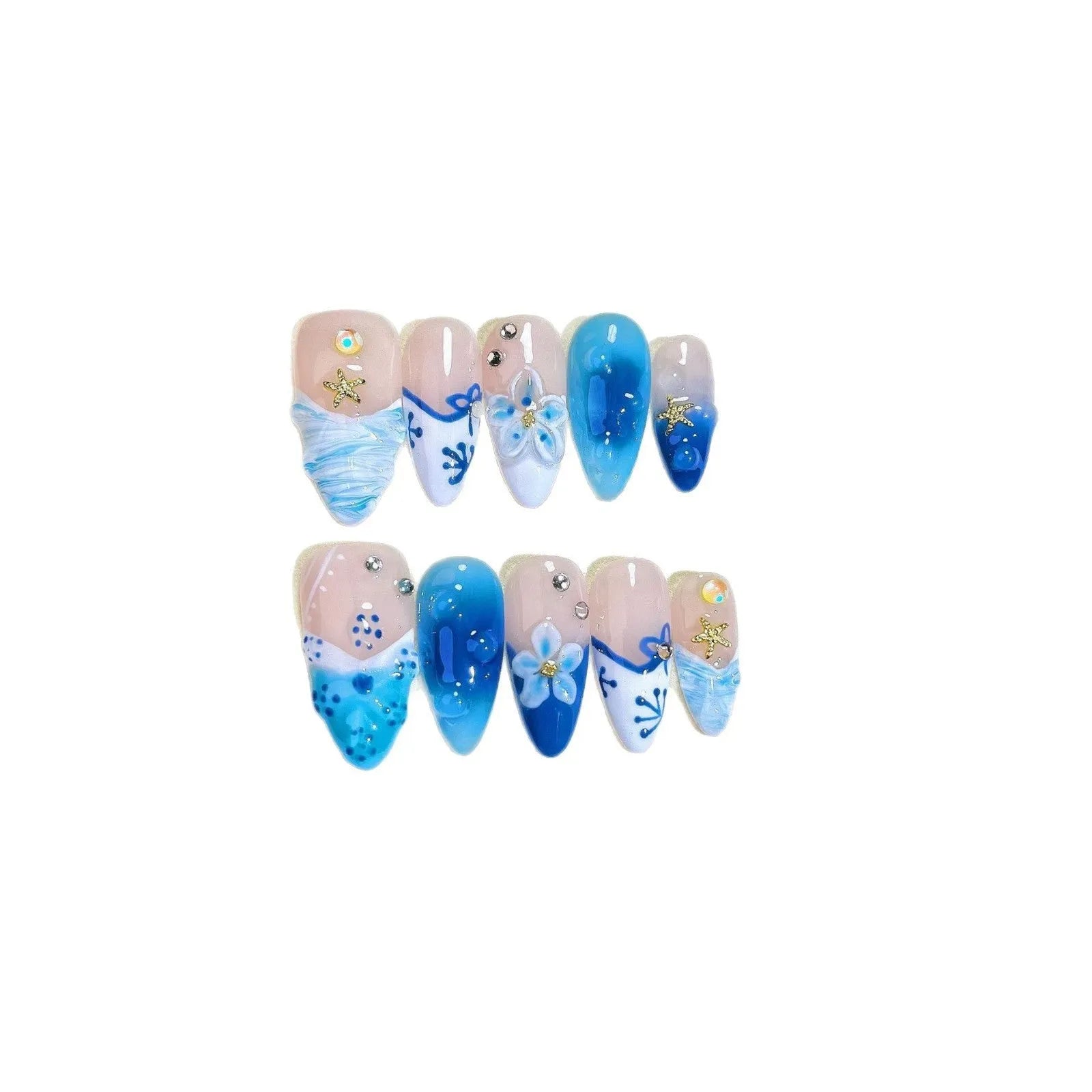 Blue hand-painted carved transparent plastic fake nails set in sizes XS to L