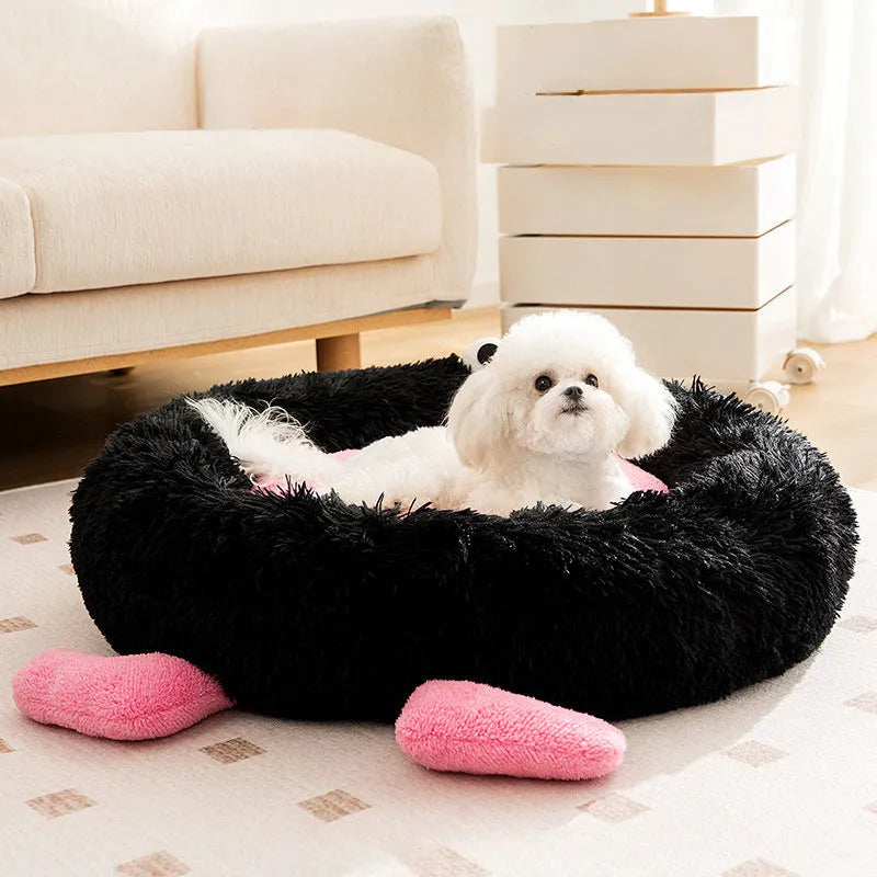 Blue plush kennel-style pet bed with fleece lining for dogs and cats in winter