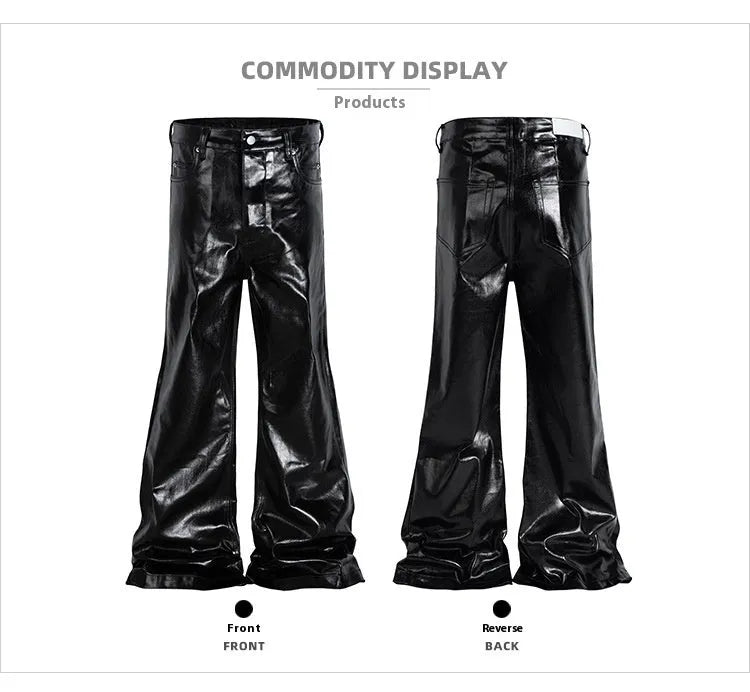 Black coated skinny jeans with a shiny patent leather finish and straight leg cut.