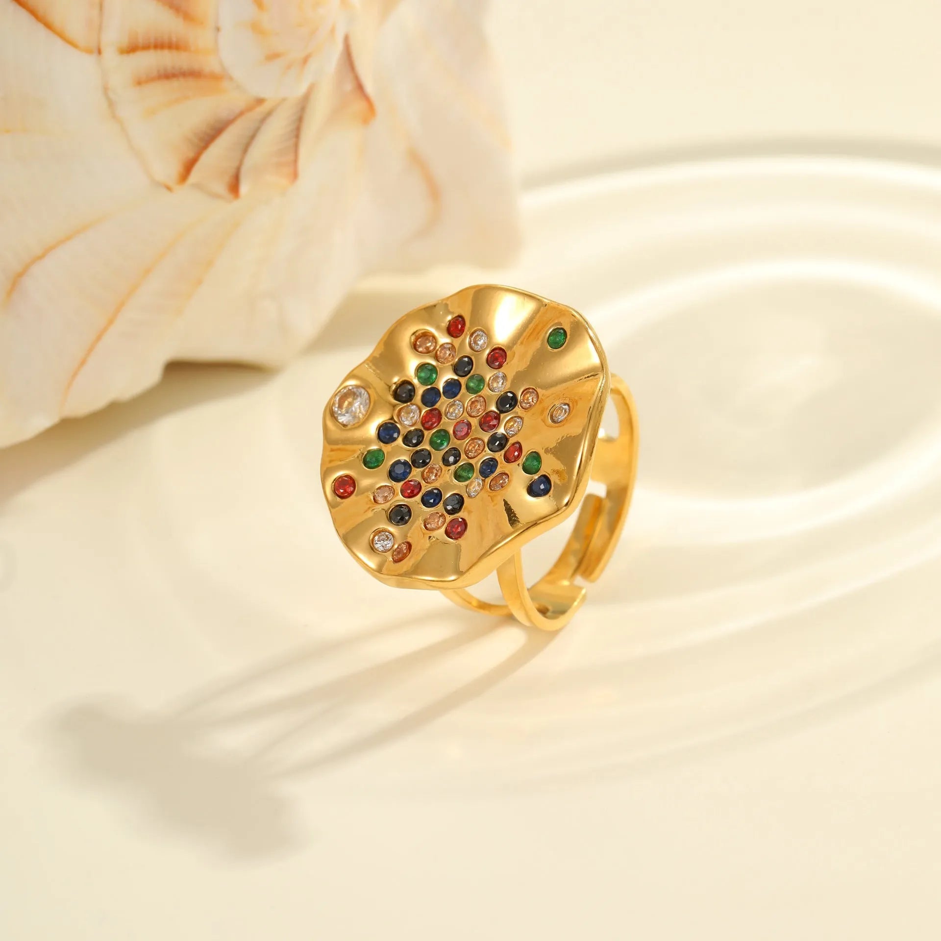 Geometric stainless steel open mouth ring with pleated inlaid design and crystal accents