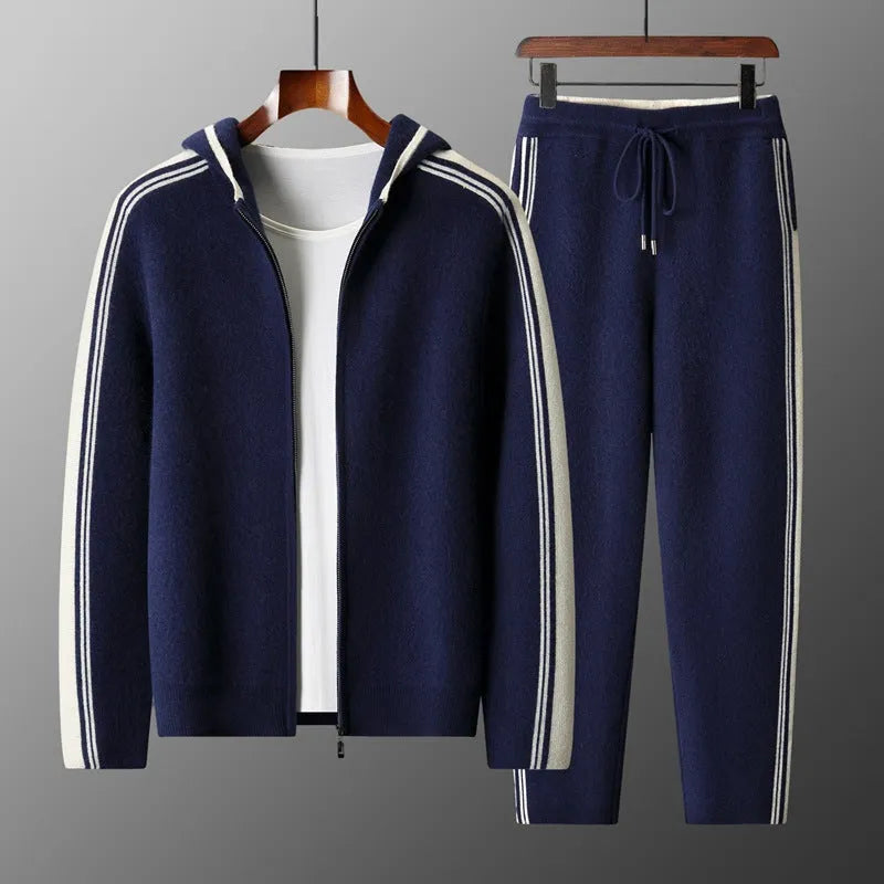Men's wool cardigan hooded colour matching suit with long sleeves and trousers in dark blue