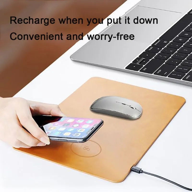 Brown wireless charging mouse pad with leather surface and Micro USB cable