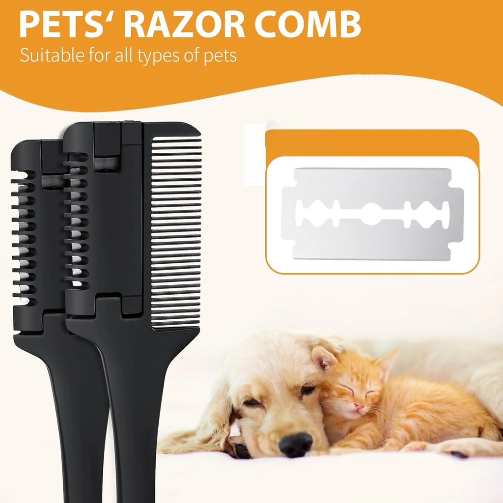 Pet razor comb and trimmer tool with spare blades for dog and cat grooming