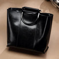 Handmade black genuine leather women's messenger bag with sandwich pocket, 26x25x11cm, two-layer cowhide