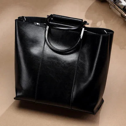 Handmade black genuine leather women's messenger bag with sandwich pocket, 26x25x11cm, two-layer cowhide
