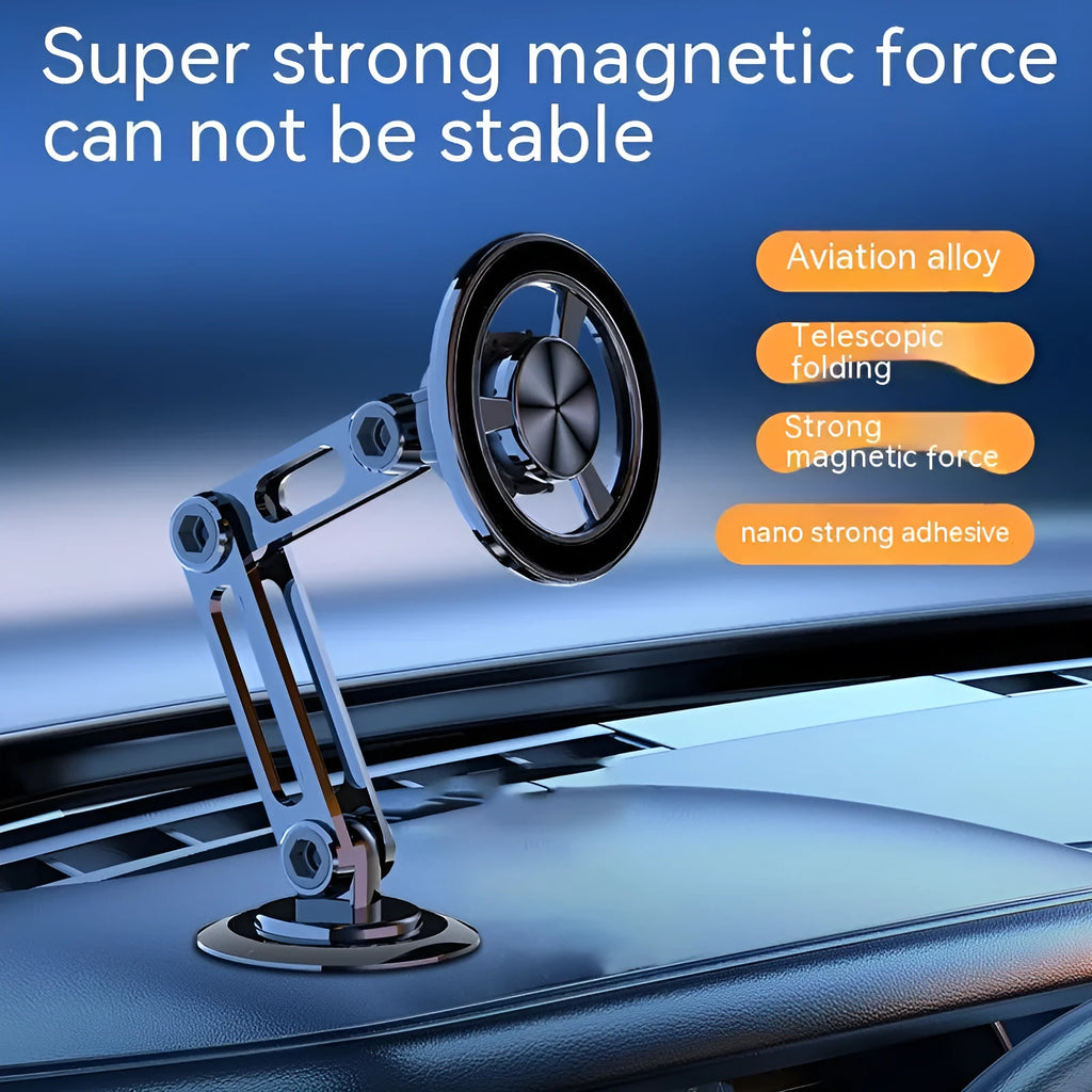All-metal magnetic car phone holder in black, shown with magnetic rings and spare adhesive pads.