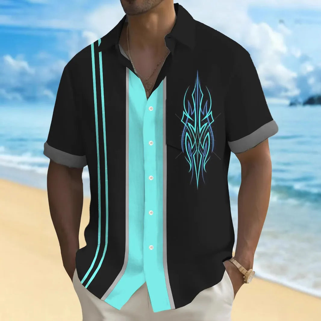 Multicolour printed men's loose cardigan-style shirt in polyester fabric