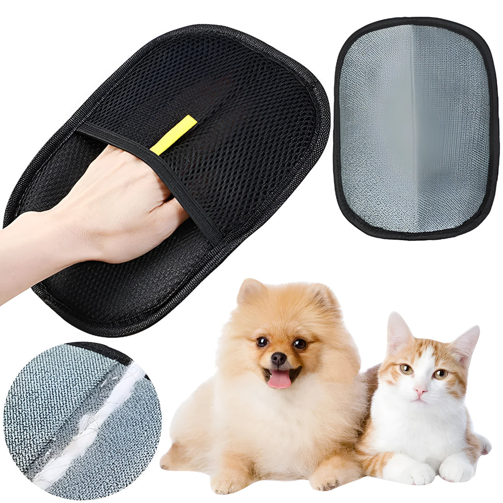 Black pet hair remover mitt measuring 24 by 16 centimetres with dual-sided silicone bristles for grooming dogs cats rabbits
