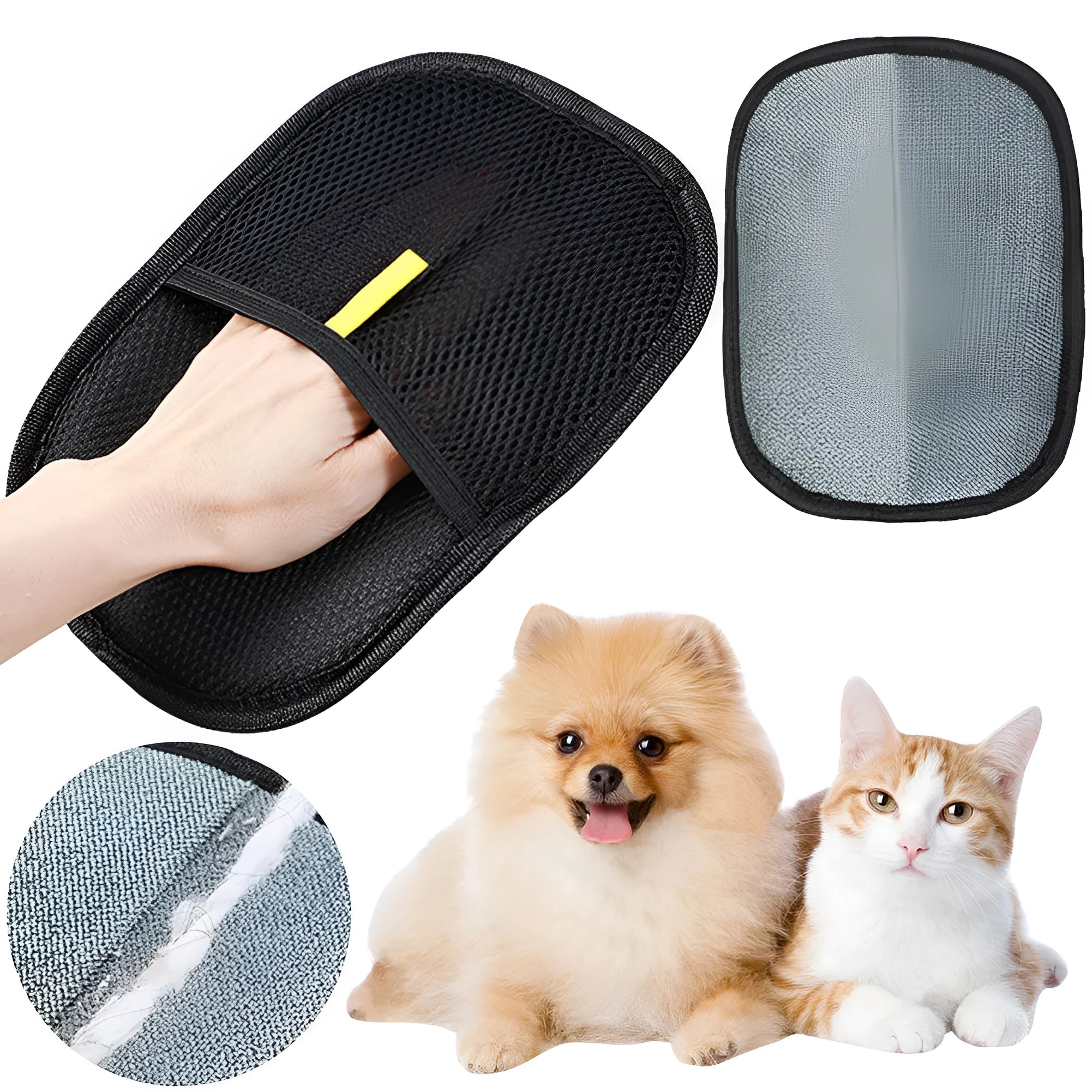 Black pet hair remover mitt measuring 24 by 16 centimetres with dual-sided silicone bristles for grooming dogs cats rabbits