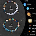 Twelve natural stone zodiac bracelets with engraved symbols, one for each astrological sign