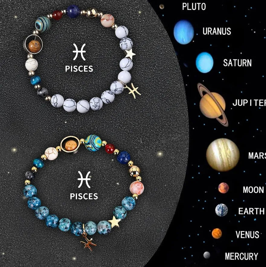 Twelve natural stone zodiac bracelets with engraved symbols, one for each astrological sign