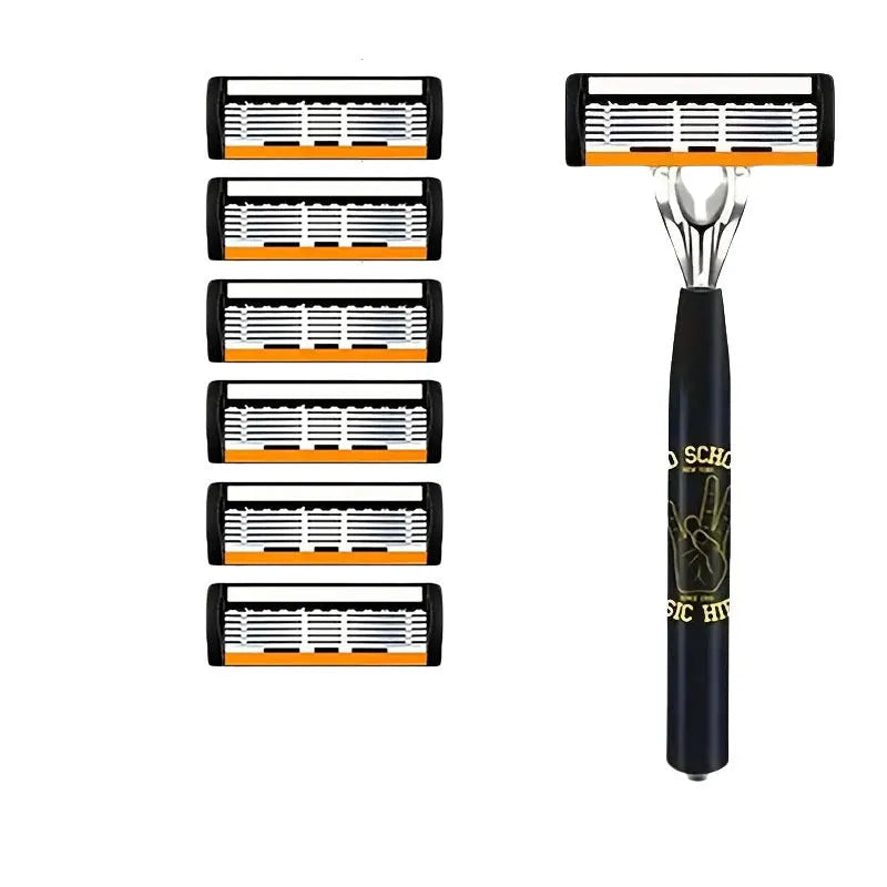 Black manual shaver handle with six-layer replacement blades for beard grooming tools