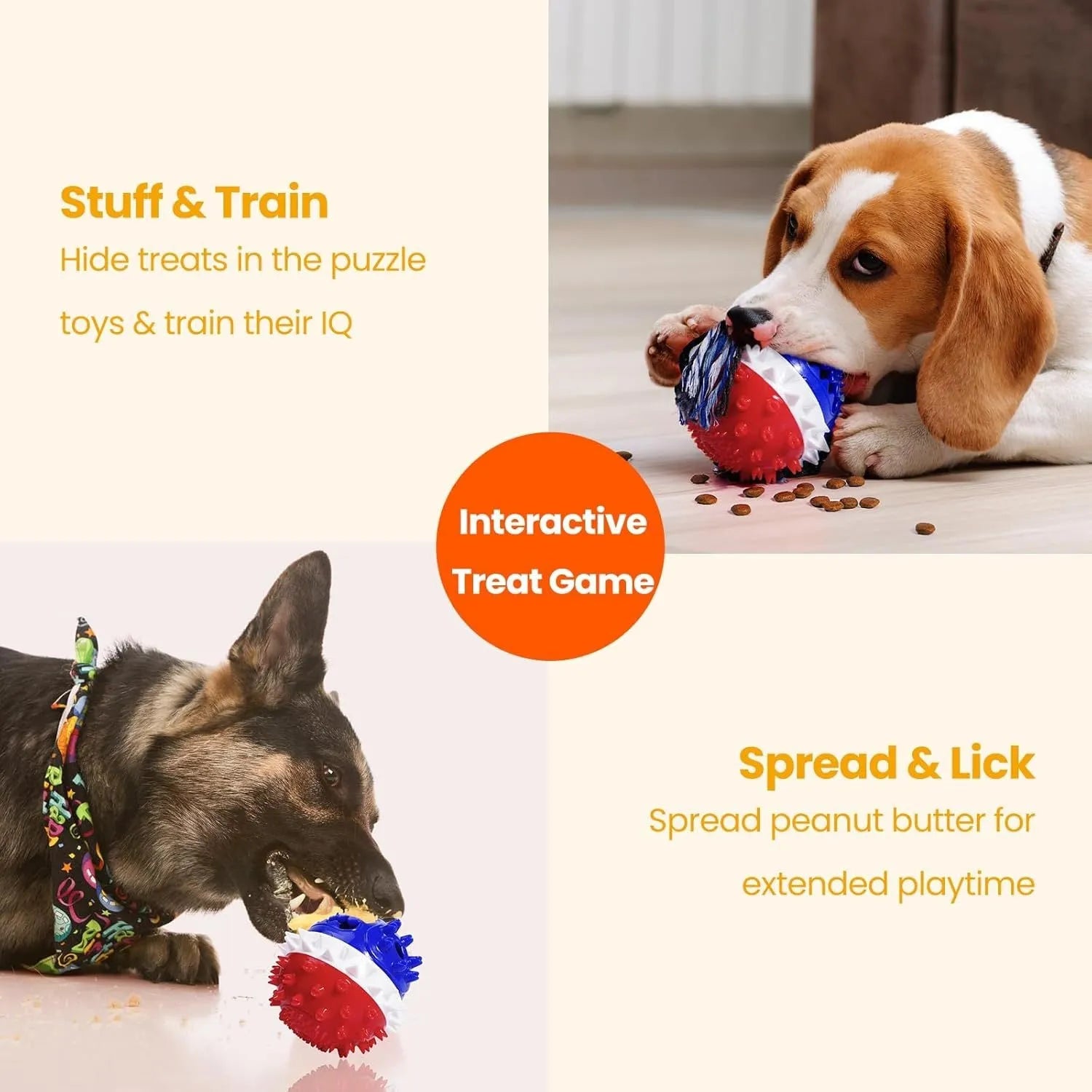 Blue and red TPR rubber dog chew toy with treat dispenser hole and textured surface for aggressive chewers
