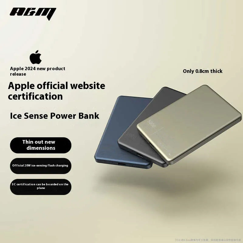 Ultra thin magnetic power bank in titanium blue with wireless charging pad on front